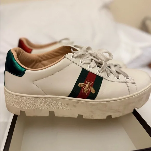 Gucci Calfskin Web Bee Embroidered Womens Ace Platform Sneakers 39 White - Picture 3 of 7